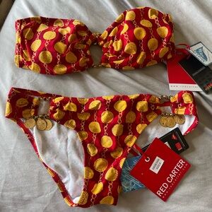 NWT Red Carter Red Stripe Bandeau Bikini With Gold Coins & Chain Detail Small